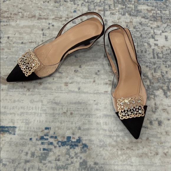 Shoes - Elegant Pointed Toe Slingback Heels with Crystal Buckle - Black/Tan